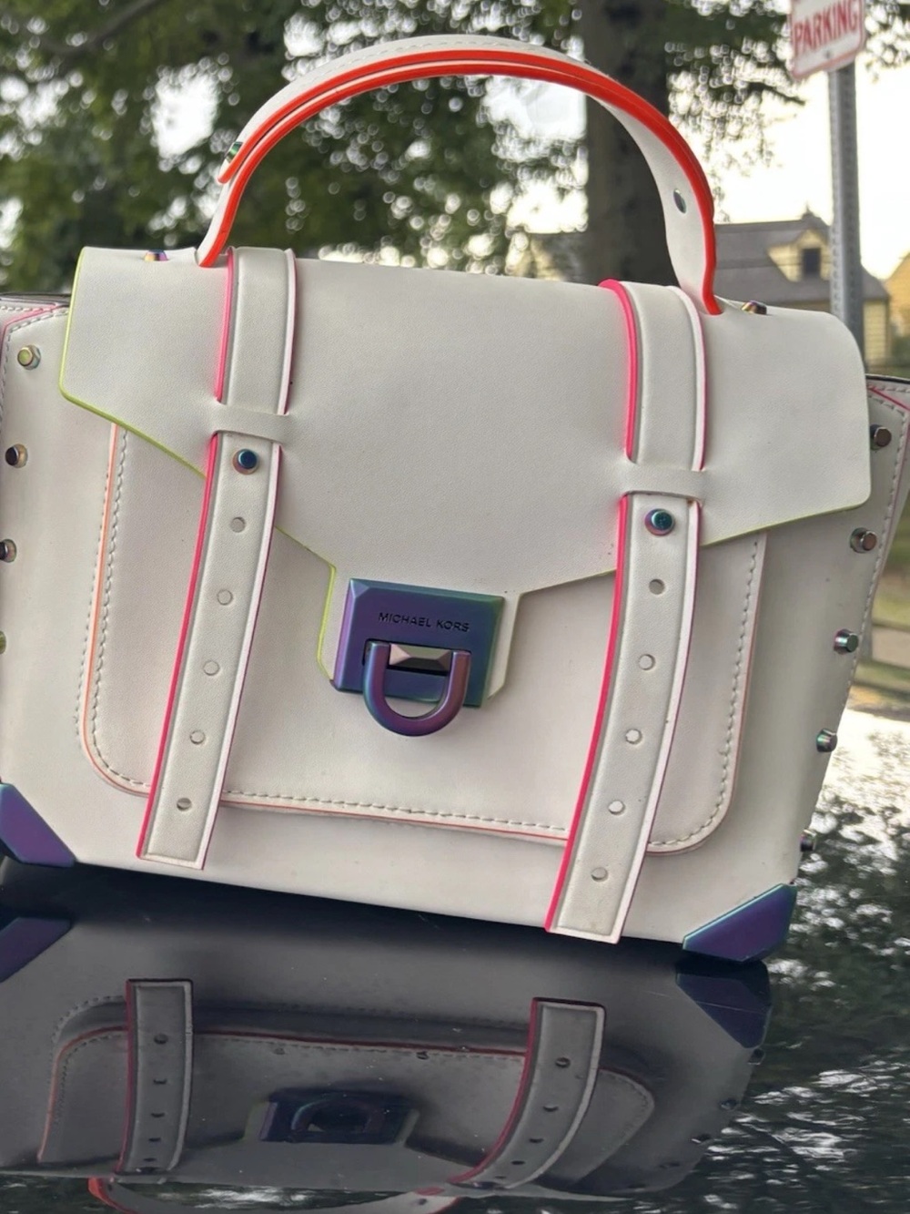 Michael Kors White Satchel with Neon Pink and Orange Accents